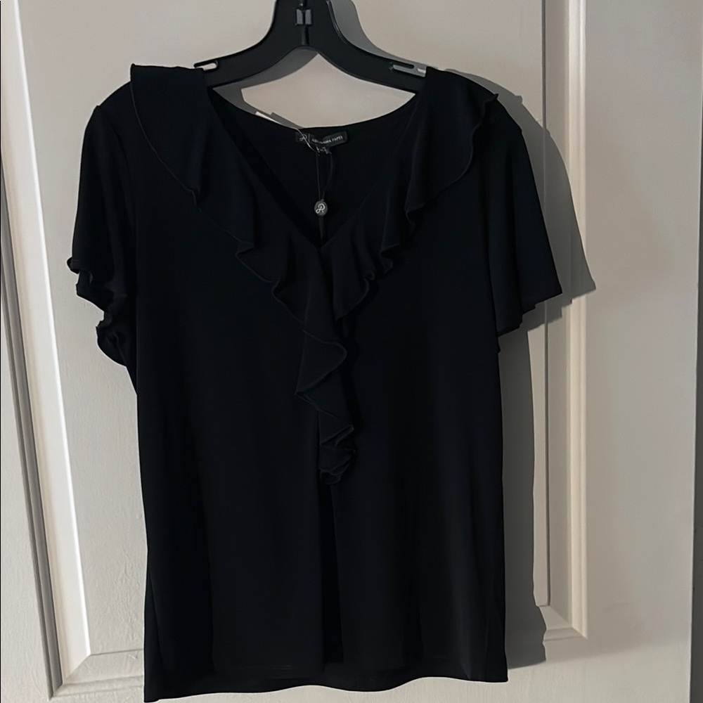 Adrianna Papell Black Ruffled Short Sleeve Blouse